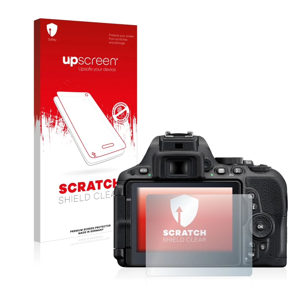 Vorderseite einer Produktverpackung mit dem Markenlogo upscreen. Daneben ist das Gerät Nikon D5500 mit dem zugehörigen Display