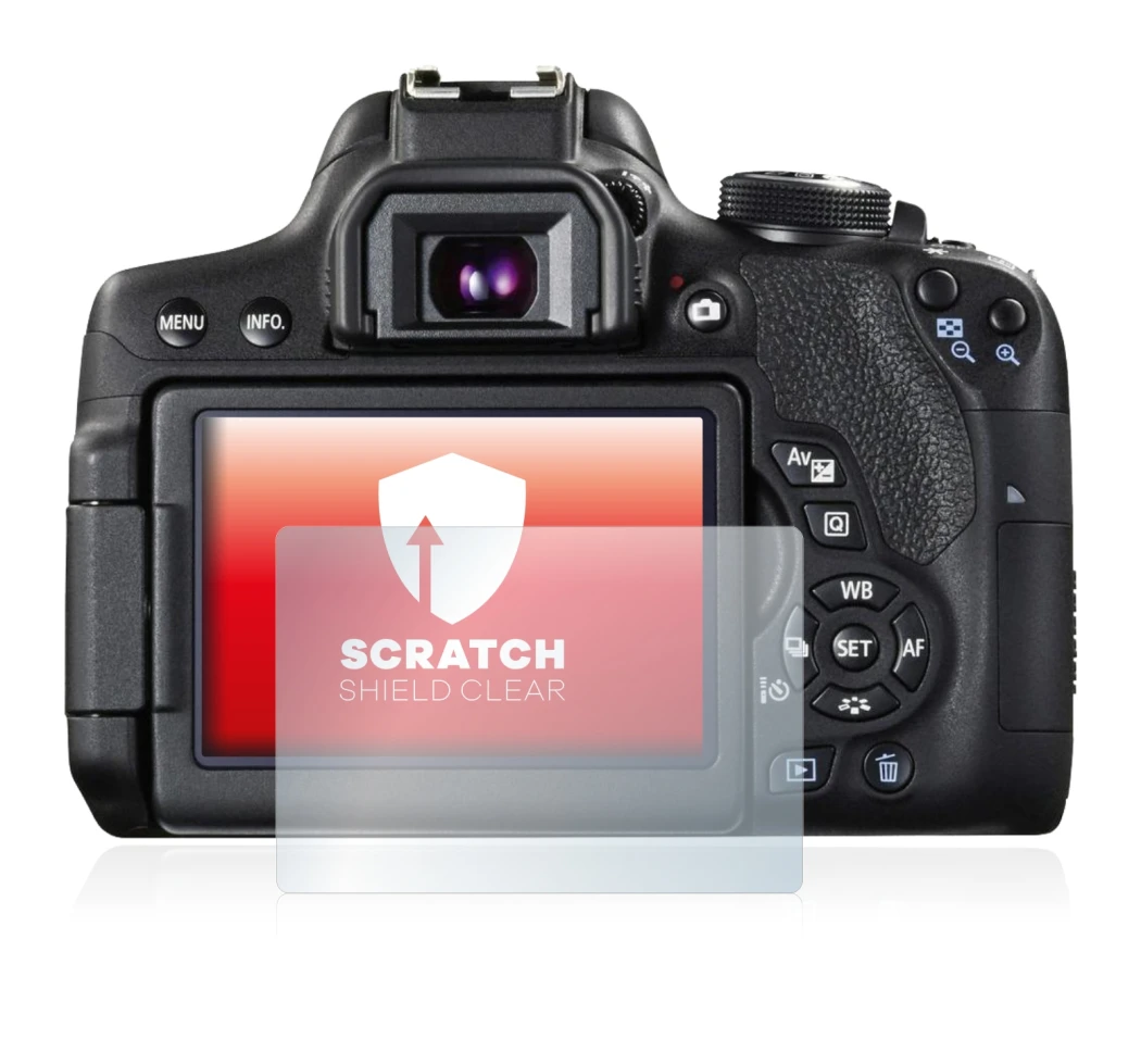 Abbildung des Geräts Canon EOS 750D mit einer Vielzahl des Displayschutzes.