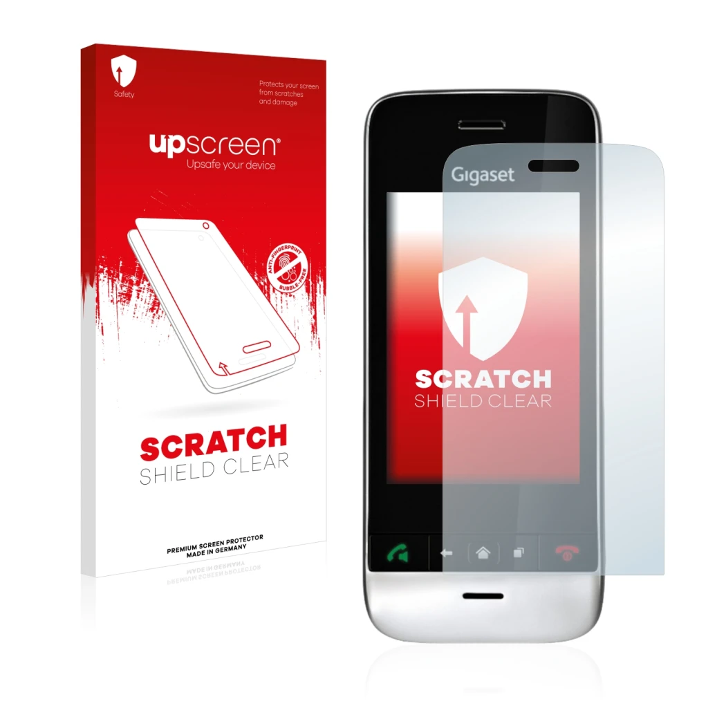 Vorderseite einer Produktverpackung mit dem Markenlogo upscreen. Daneben ist das Gerät Gigaset SL910 (längliche Aussparung) mi