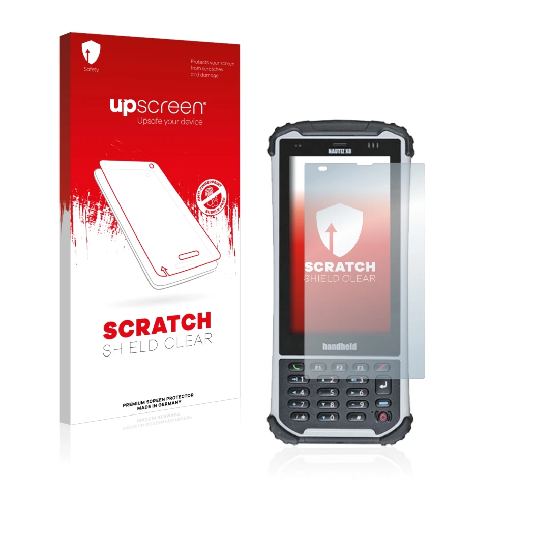 Vorderseite einer Produktverpackung mit dem Markenlogo upscreen. Daneben ist das Gerät Handheld Nautiz X8 mit dem zugehörigen 