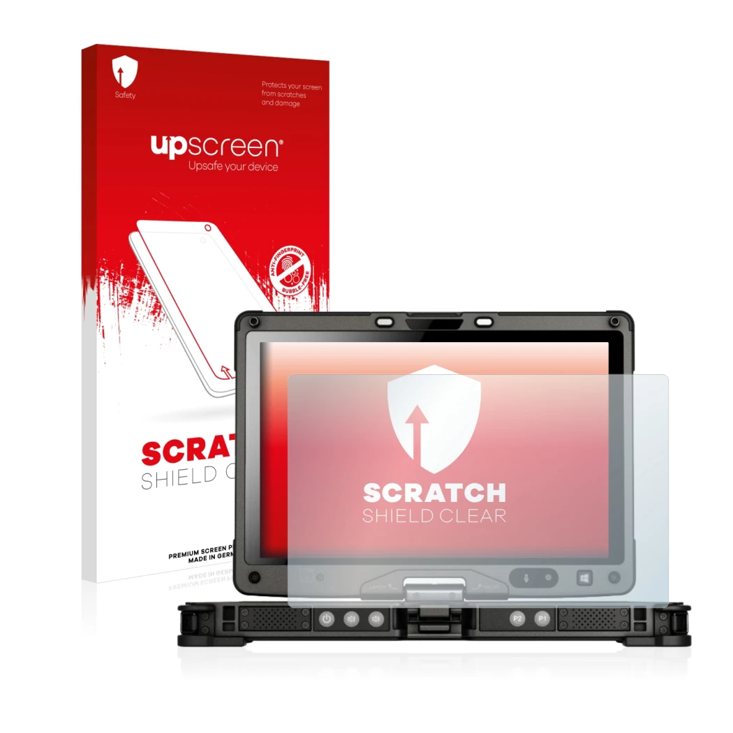 Vorderseite einer Produktverpackung mit dem Markenlogo upscreen. Daneben ist das Gerät Getac V110 mit dem zugehörigen Displays