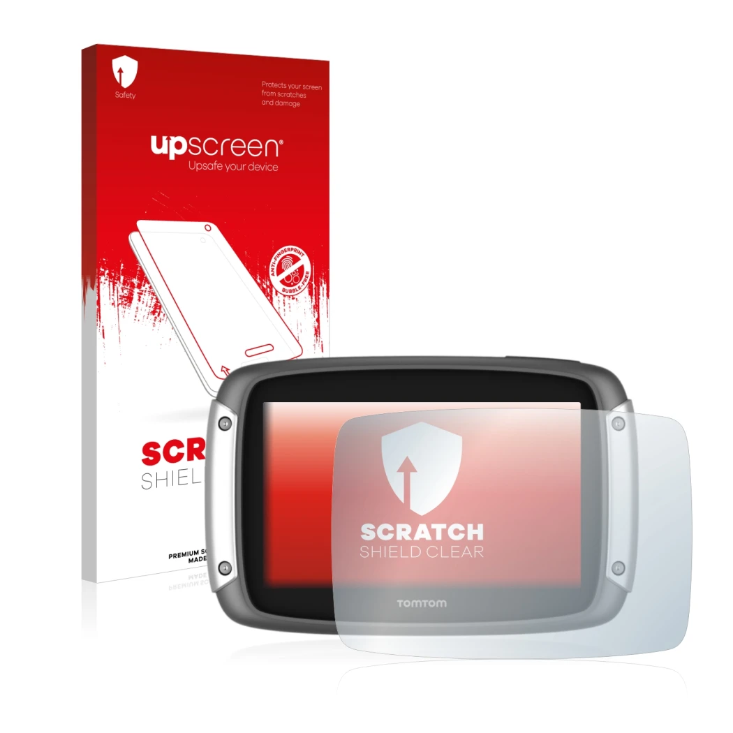 Vorderseite einer Produktverpackung mit dem Markenlogo upscreen. Daneben ist das Gerät TomTom Rider 400 mit dem zugehörigen Di