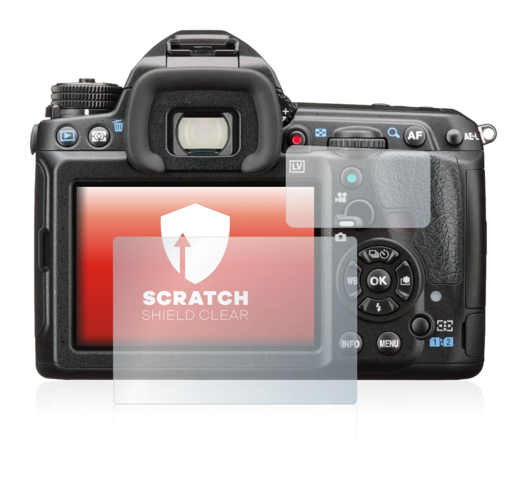 Abbildung des Geräts Pentax K-3 II mit einer Vielzahl des Displayschutzes.