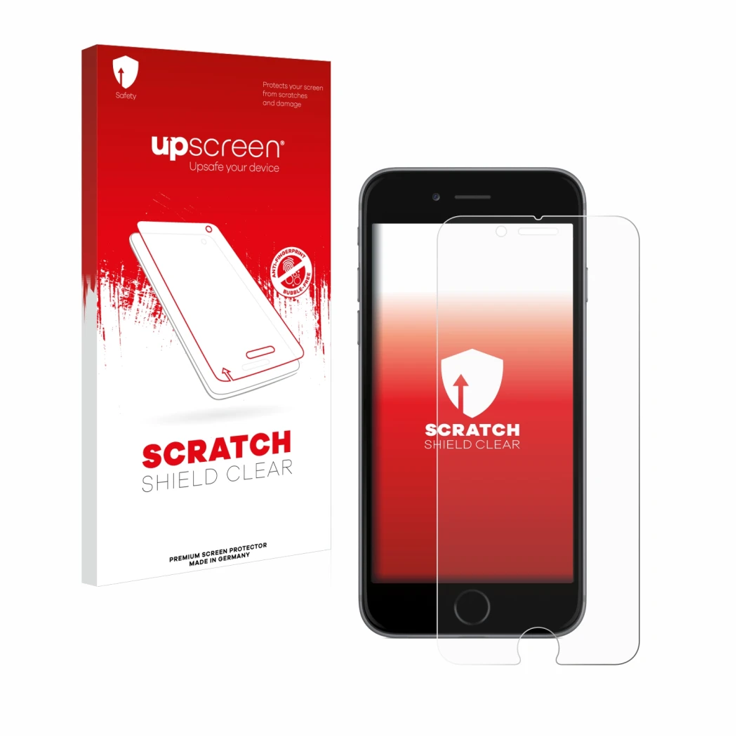 Vorderseite einer Produktverpackung mit dem Markenlogo upscreen. Daneben ist das Gerät Apple iPhone 6S mit dem zugehörigen Dis