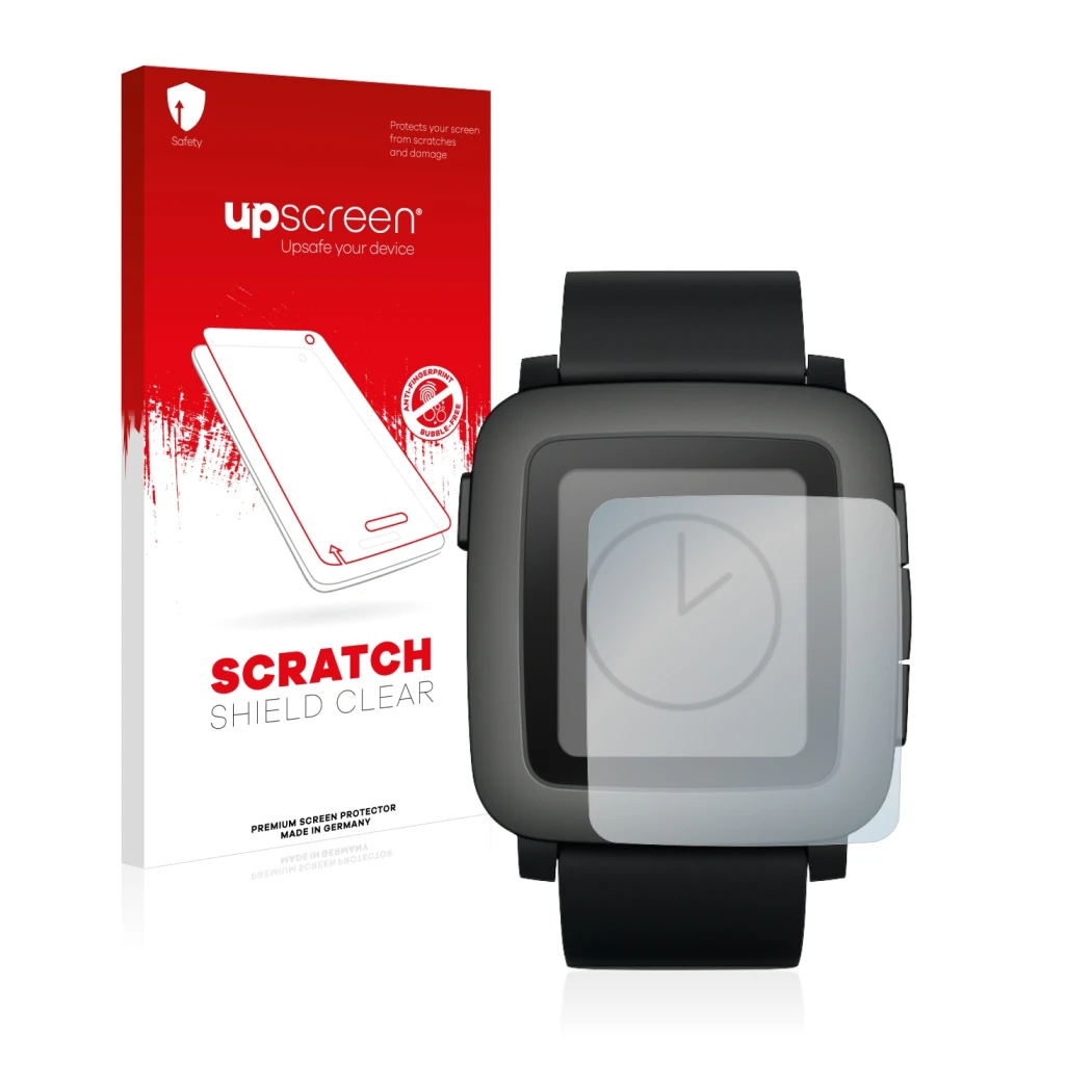 Vorderseite einer Produktverpackung mit dem Markenlogo upscreen. Daneben ist das Gerät Pebble Time mit dem zugehörigen Display
