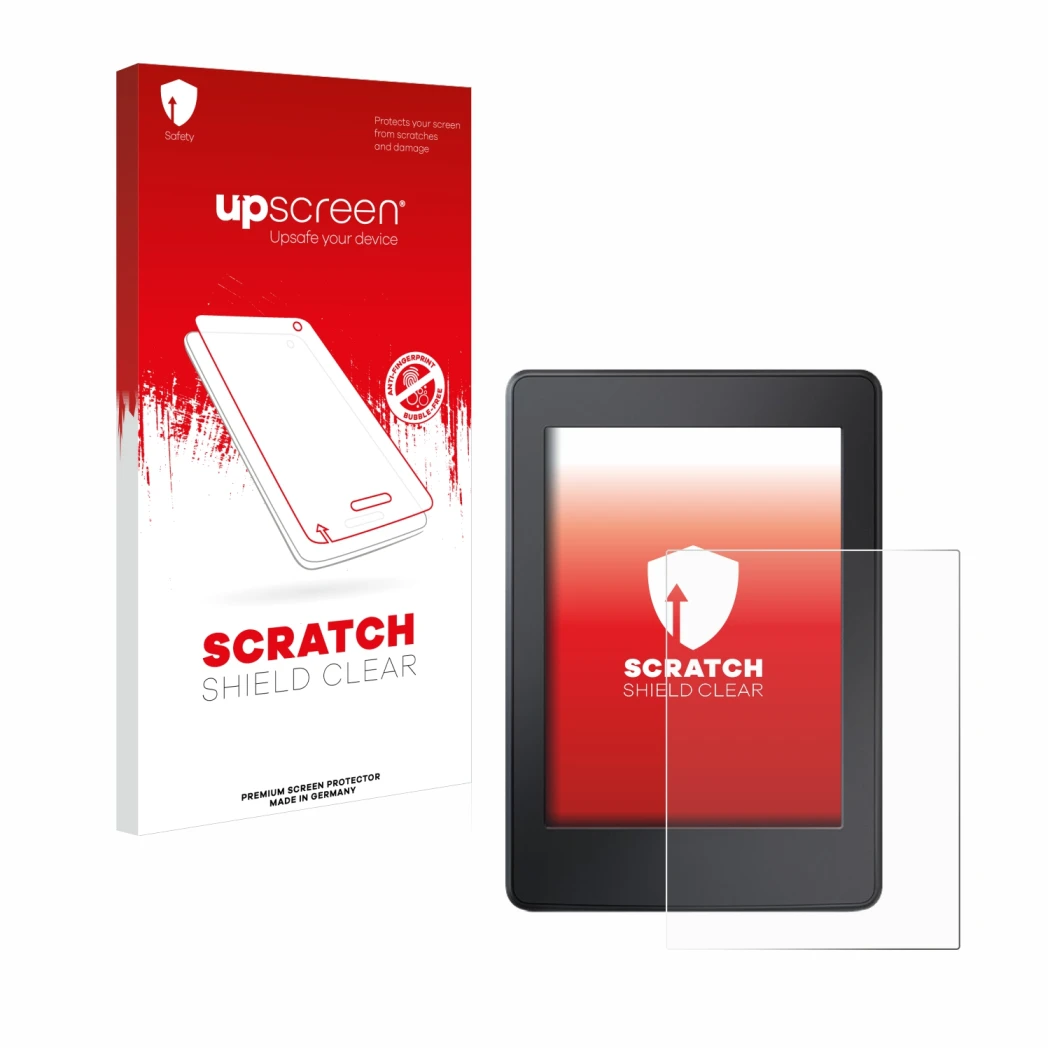Vorderseite einer Produktverpackung mit dem Markenlogo upscreen. Daneben ist das Gerät Amazon Kindle Paperwhite 2015 (7. Gen.)