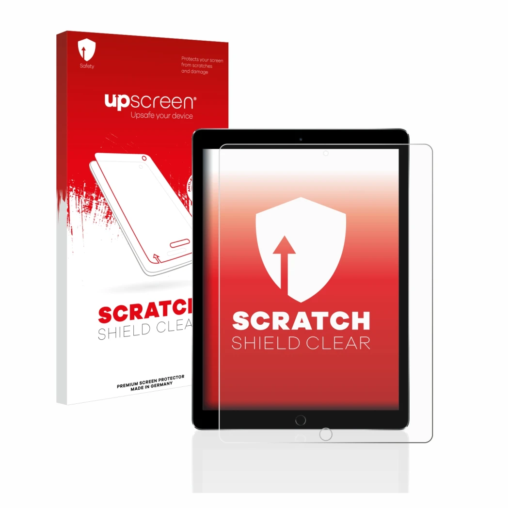 Vorderseite einer Produktverpackung mit dem Markenlogo upscreen. Daneben ist das Gerät Apple iPad Pro 12.9