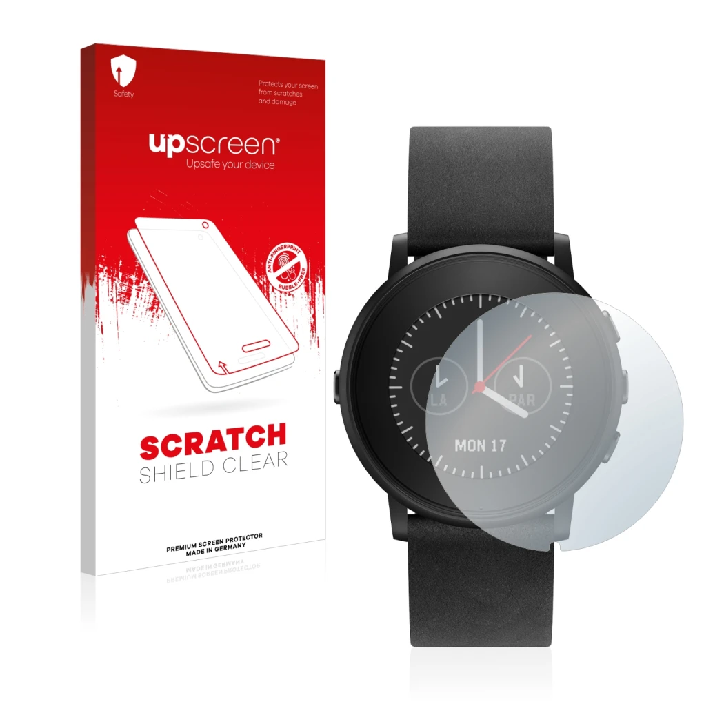 Vorderseite einer Produktverpackung mit dem Markenlogo upscreen. Daneben ist das Gerät Pebble Time Round mit dem zugehörigen D