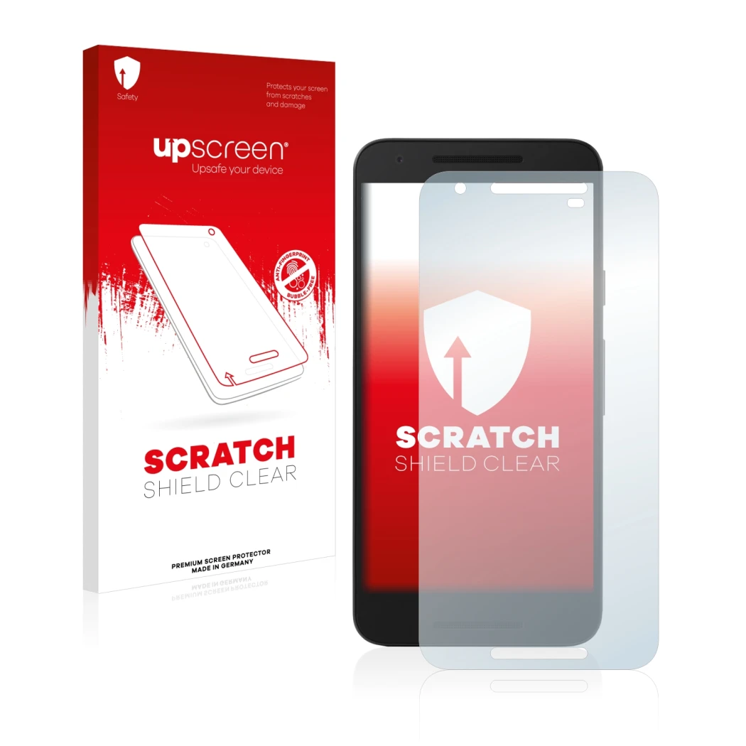 Vorderseite einer Produktverpackung mit dem Markenlogo upscreen. Daneben ist das Gerät Google Nexus 5X mit dem zugehörigen Dis