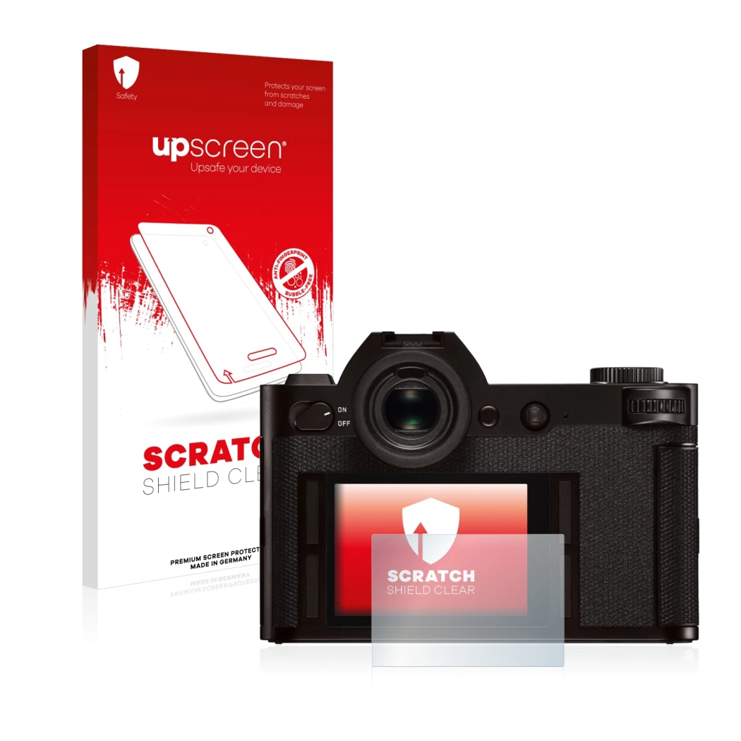 Vorderseite einer Produktverpackung mit dem Markenlogo upscreen. Daneben ist das Gerät Leica SL (Typ 601) mit dem zugehörigen 