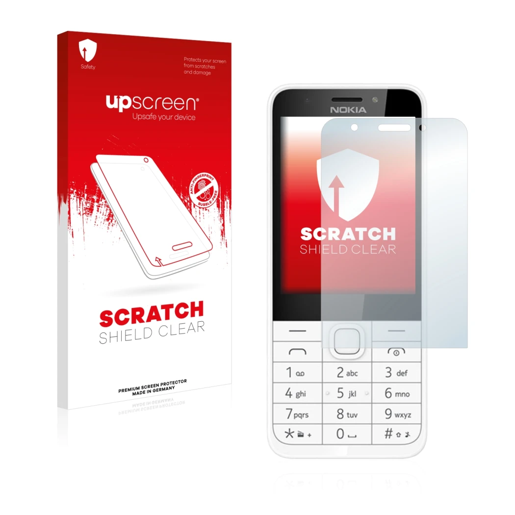 Vorderseite einer Produktverpackung mit dem Markenlogo upscreen. Daneben ist das Gerät Nokia 230 mit dem zugehörigen Displaysc