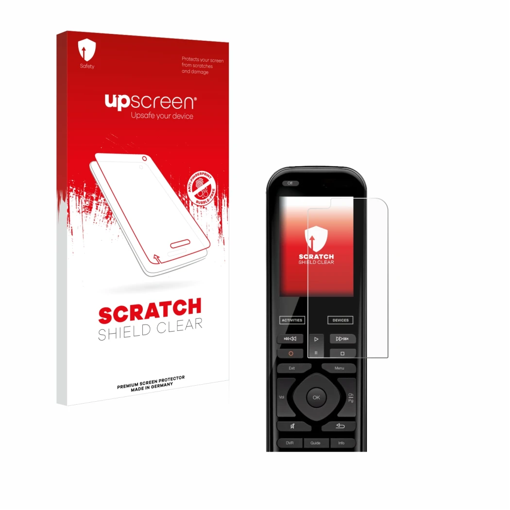 Vorderseite einer Produktverpackung mit dem Markenlogo upscreen. Daneben ist das Gerät Logitech Harmony 950 mit dem zugehörige