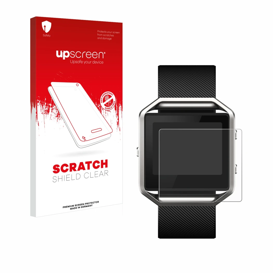 Vorderseite einer Produktverpackung mit dem Markenlogo upscreen. Daneben ist das Gerät Fitbit Blaze mit dem zugehörigen Displa