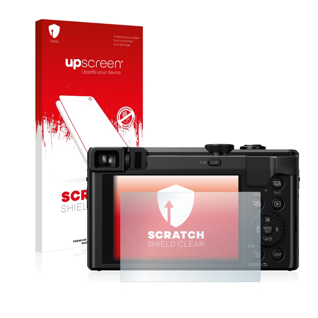 Vorderseite einer Produktverpackung mit dem Markenlogo upscreen. Daneben ist das Gerät Panasonic Lumix DMC-TZ81 mit dem zugehö