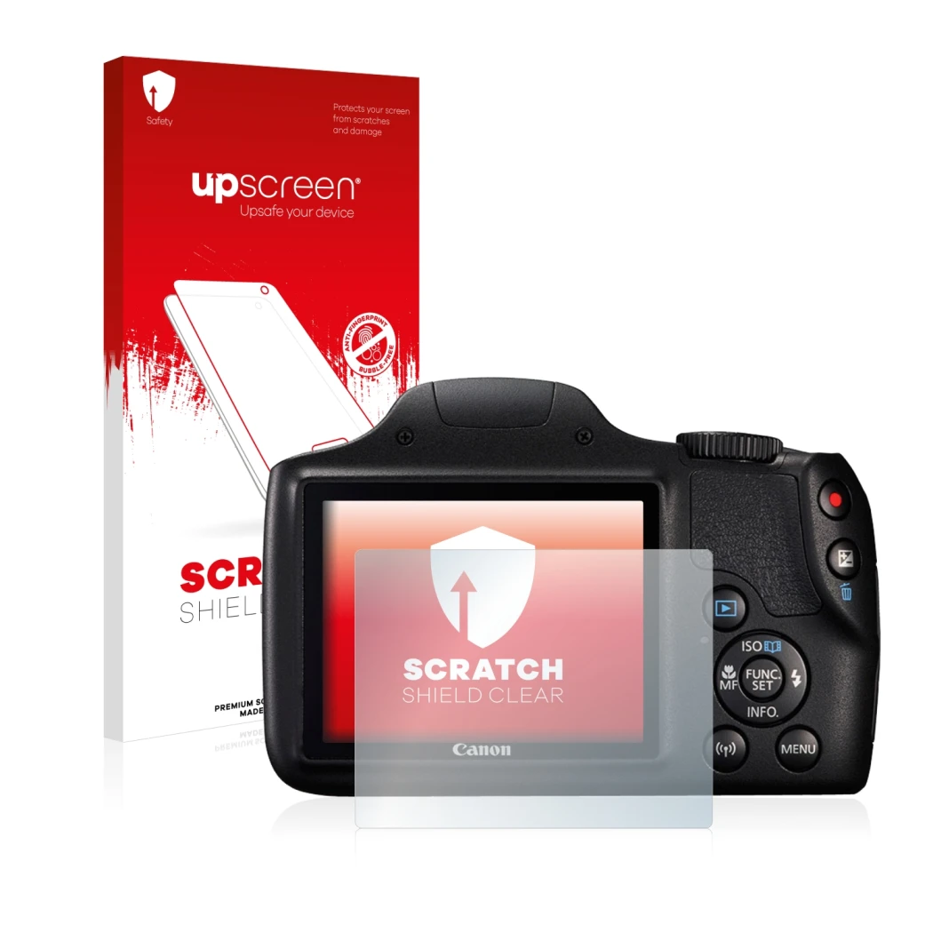 Vorderseite einer Produktverpackung mit dem Markenlogo upscreen. Daneben ist das Gerät Canon PowerShot SX540 HS mit dem zugehö