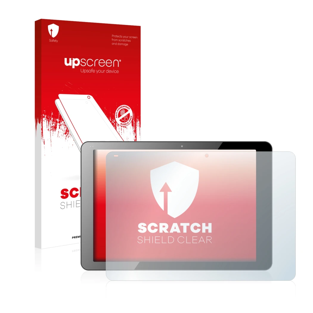 Vorderseite einer Produktverpackung mit dem Markenlogo upscreen. Daneben ist das Gerät Chuwi Hi12 mit dem zugehörigen Displays