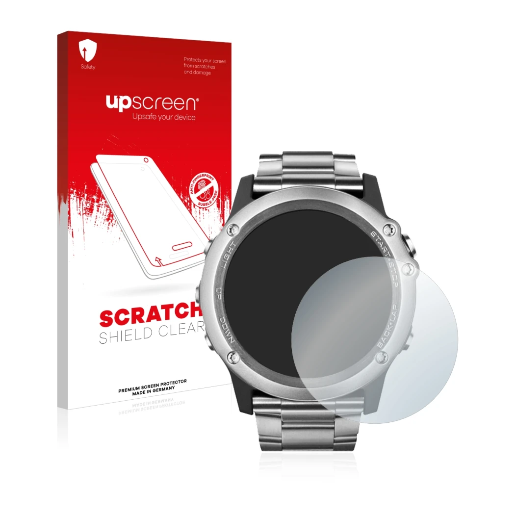 Vorderseite einer Produktverpackung mit dem Markenlogo upscreen. Daneben ist das Gerät Garmin Fenix 3 Saphir mit dem zugehörig