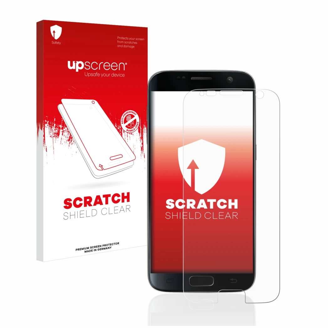Vorderseite einer Produktverpackung mit dem Markenlogo upscreen. Daneben ist das Gerät Samsung Galaxy S7 mit dem zugehörigen D
