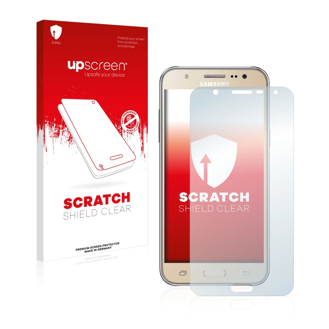 Vorderseite einer Produktverpackung mit dem Markenlogo upscreen. Daneben ist das Gerät Samsung Galaxy J7 2016 mit dem zugehöri