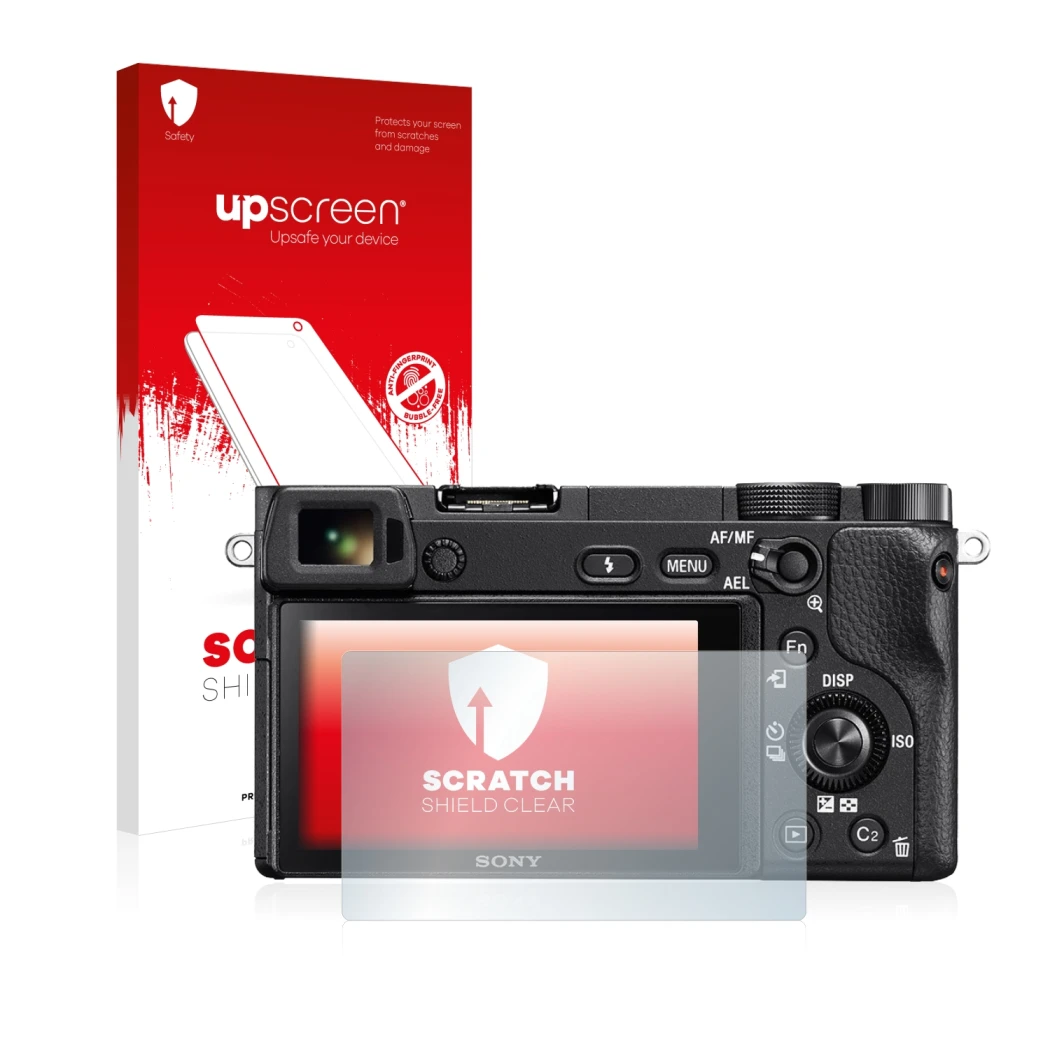 Vorderseite einer Produktverpackung mit dem Markenlogo upscreen. Daneben ist das Gerät Sony Alpha 6300 mit dem zugehörigen Dis