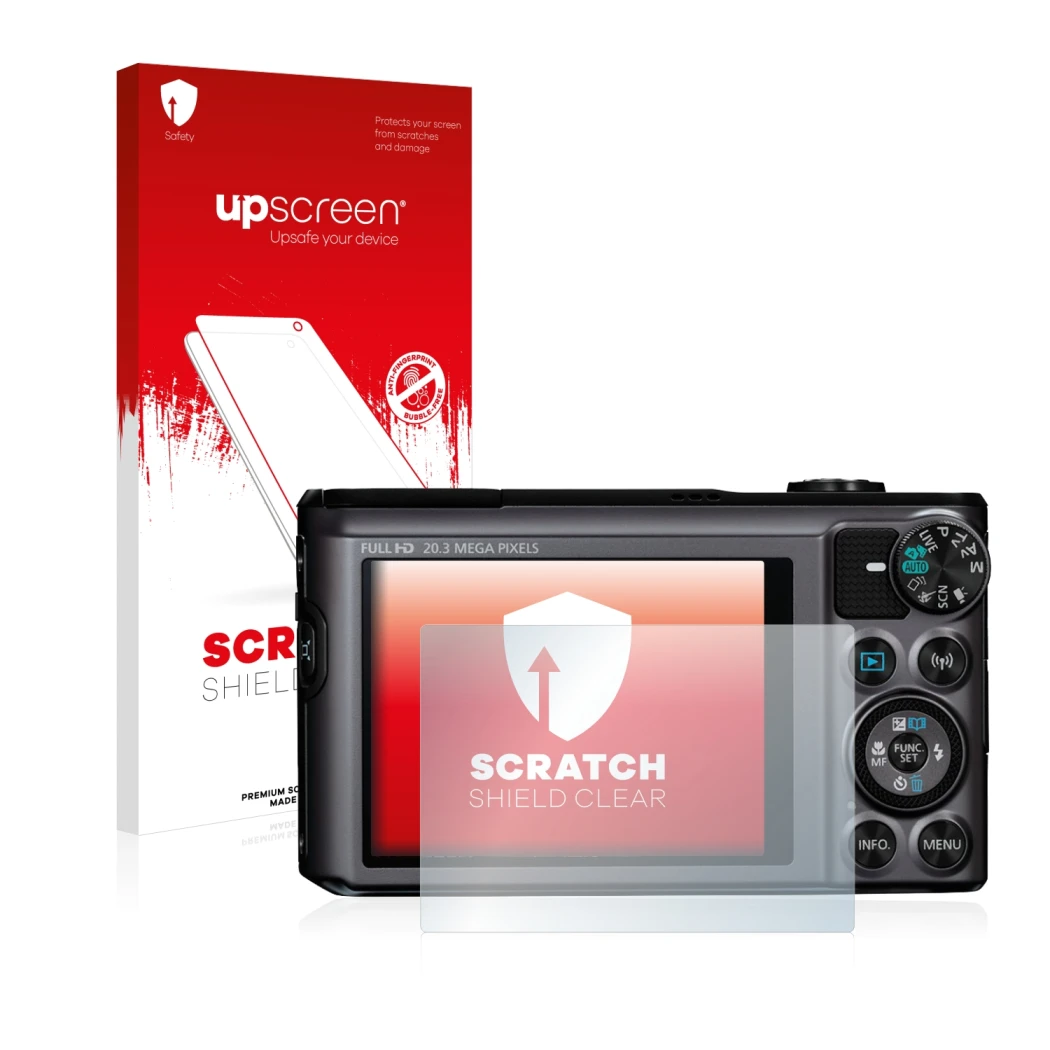 Vorderseite einer Produktverpackung mit dem Markenlogo upscreen. Daneben ist das Gerät Canon PowerShot SX720 HS mit dem zugehö