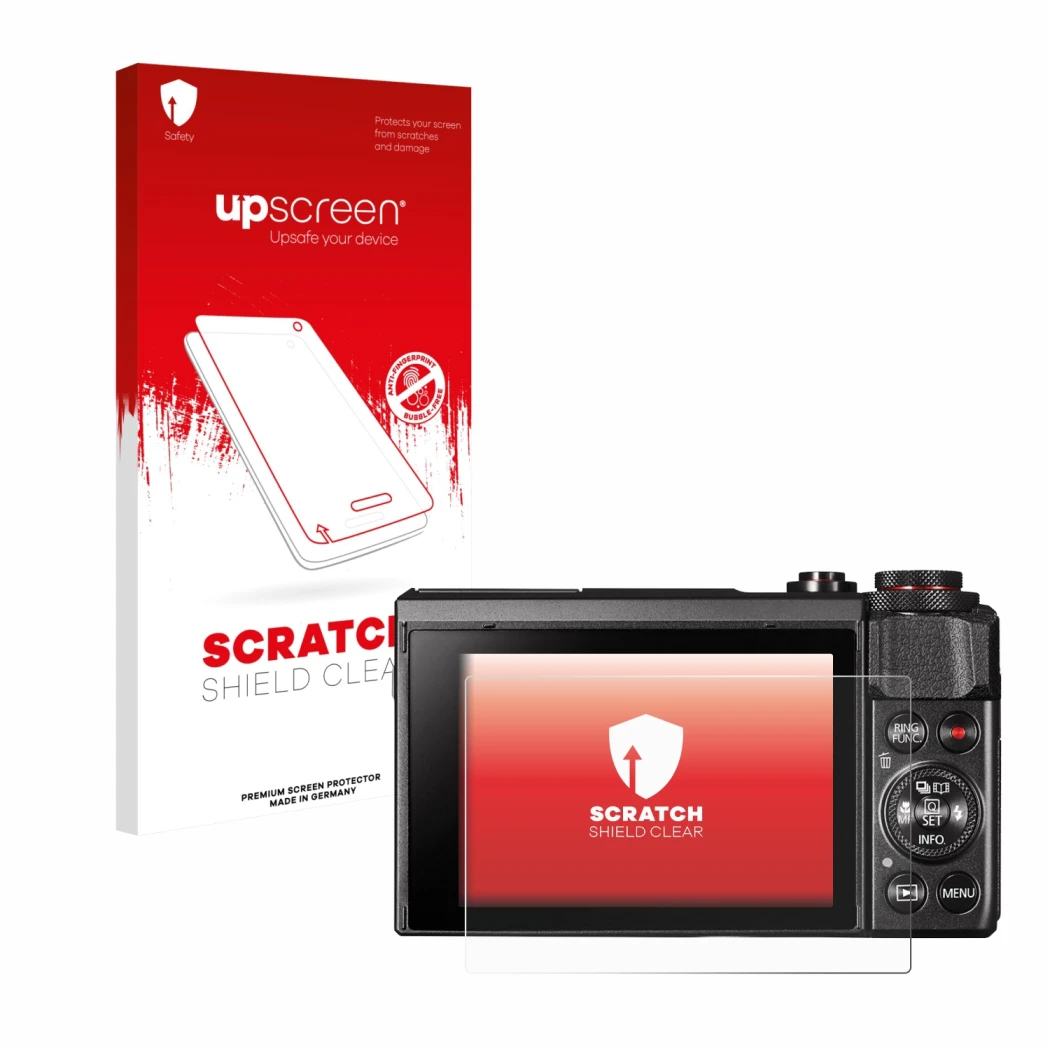 Vorderseite einer Produktverpackung mit dem Markenlogo upscreen. Daneben ist das Gerät Canon PowerShot G7 X Mark II mit dem zu