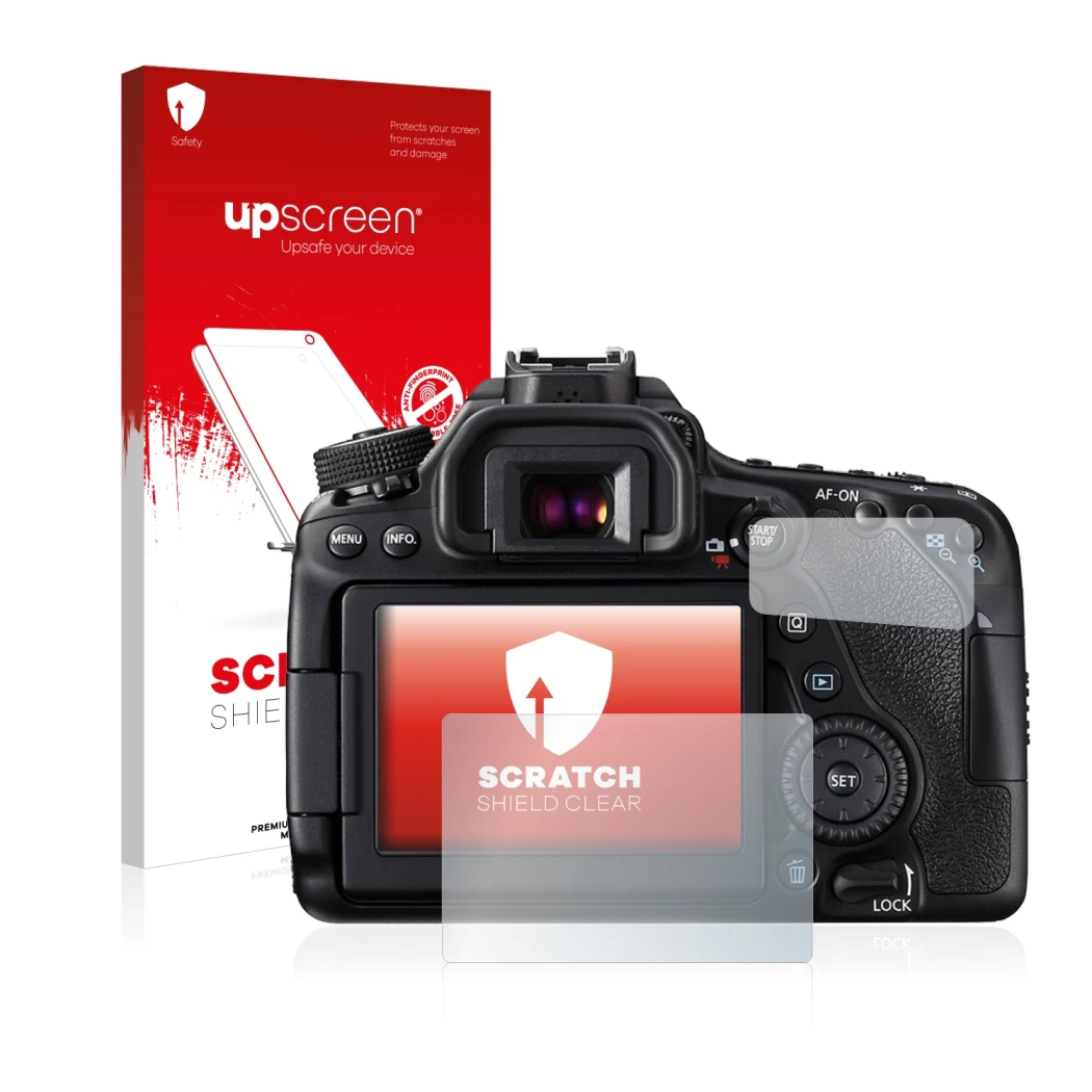 Vorderseite einer Produktverpackung mit dem Markenlogo upscreen. Daneben ist das Gerät Canon EOS 80D mit dem zugehörigen Displ