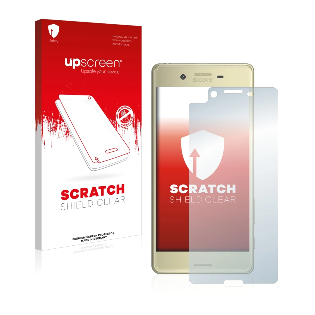 Vorderseite einer Produktverpackung mit dem Markenlogo upscreen. Daneben ist das Gerät Sony Xperia X mit dem zugehörigen Displ