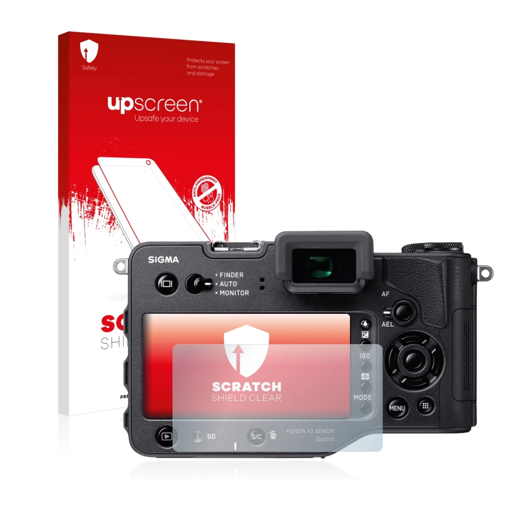 Vorderseite einer Produktverpackung mit dem Markenlogo upscreen. Daneben ist das Gerät Sigma SD Quattro mit dem zugehörigen Di