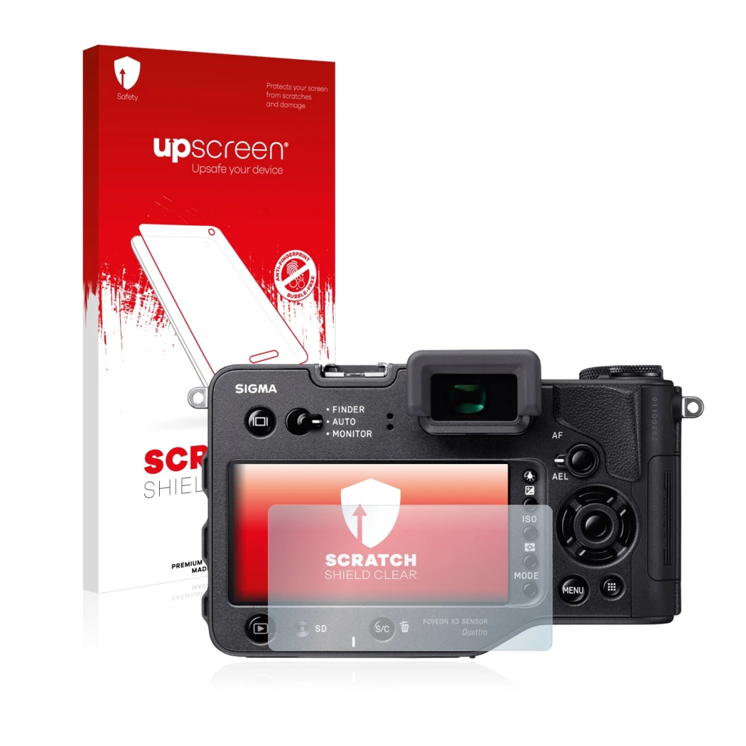 Vorderseite einer Produktverpackung mit dem Markenlogo upscreen. Daneben ist das Gerät Sigma SD Quattro H mit dem zugehörigen 