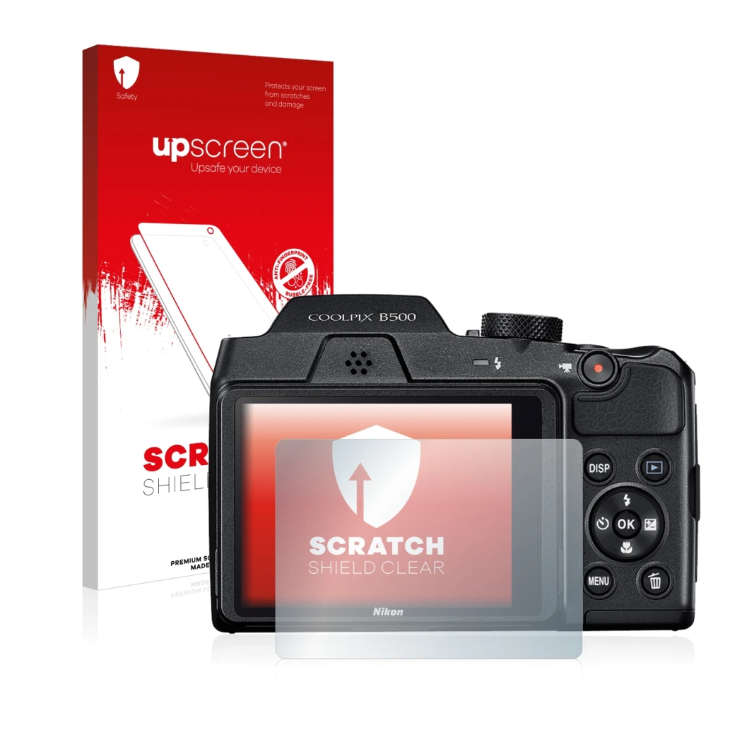Vorderseite einer Produktverpackung mit dem Markenlogo upscreen. Daneben ist das Gerät Nikon Coolpix B500 mit dem zugehörigen