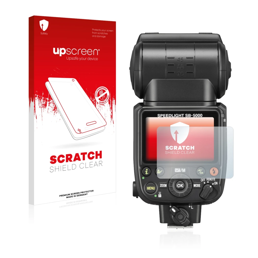 Vorderseite einer Produktverpackung mit dem Markenlogo upscreen. Daneben ist das Gerät Nikon SB-5000 mit dem zugehörigen Displ