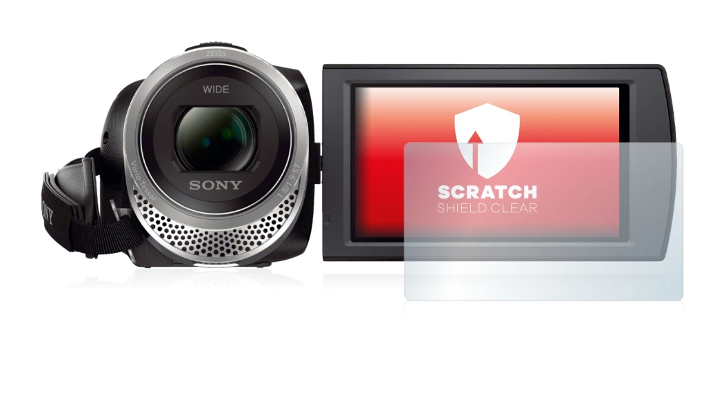 Abbildung des Geräts Sony FDR-AX53 mit einer Vielzahl des Displayschutzes.