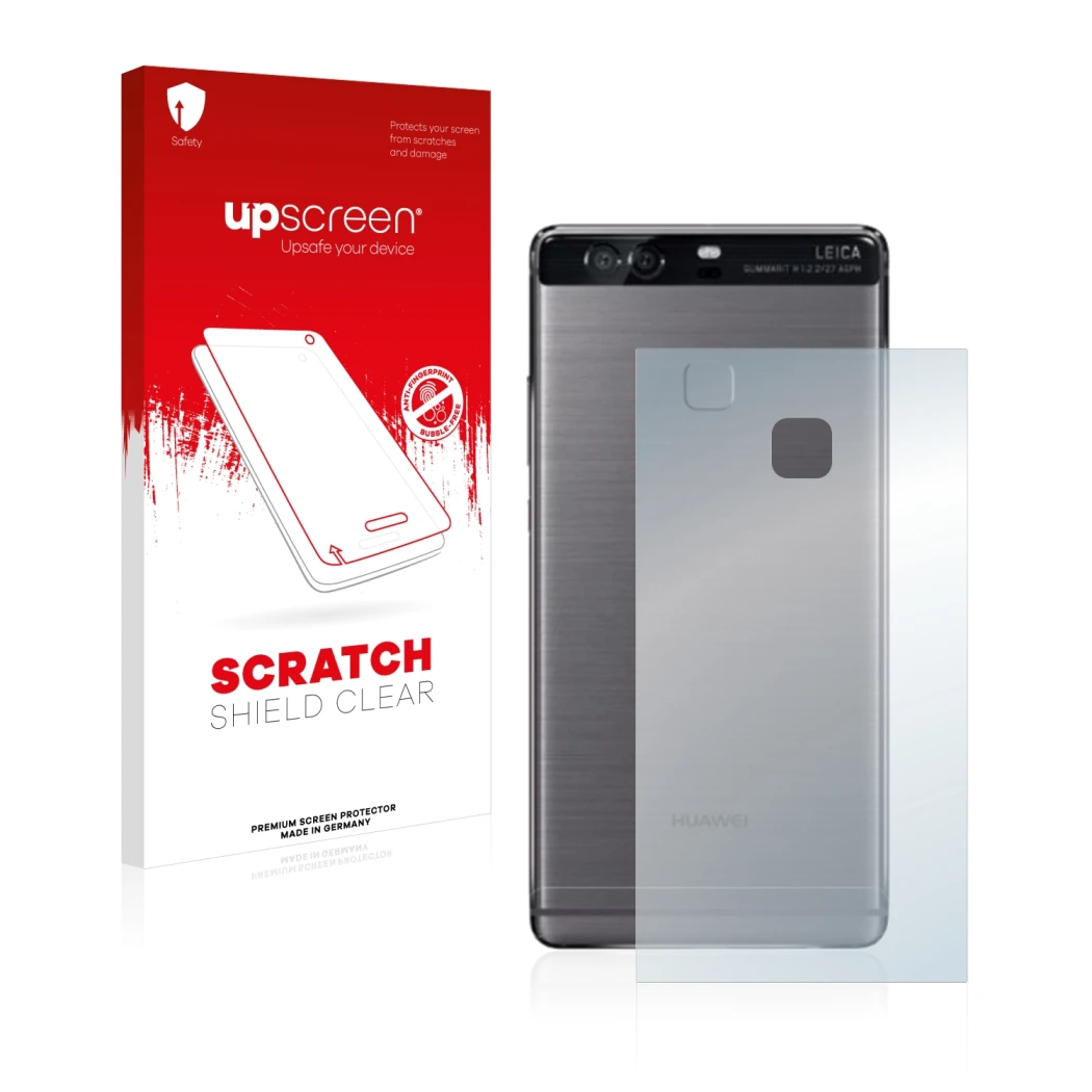 Vorderseite einer Produktverpackung mit dem Markenlogo upscreen. Daneben ist das Gerät Huawei P9 Plus (Rückseite) mit dem zuge