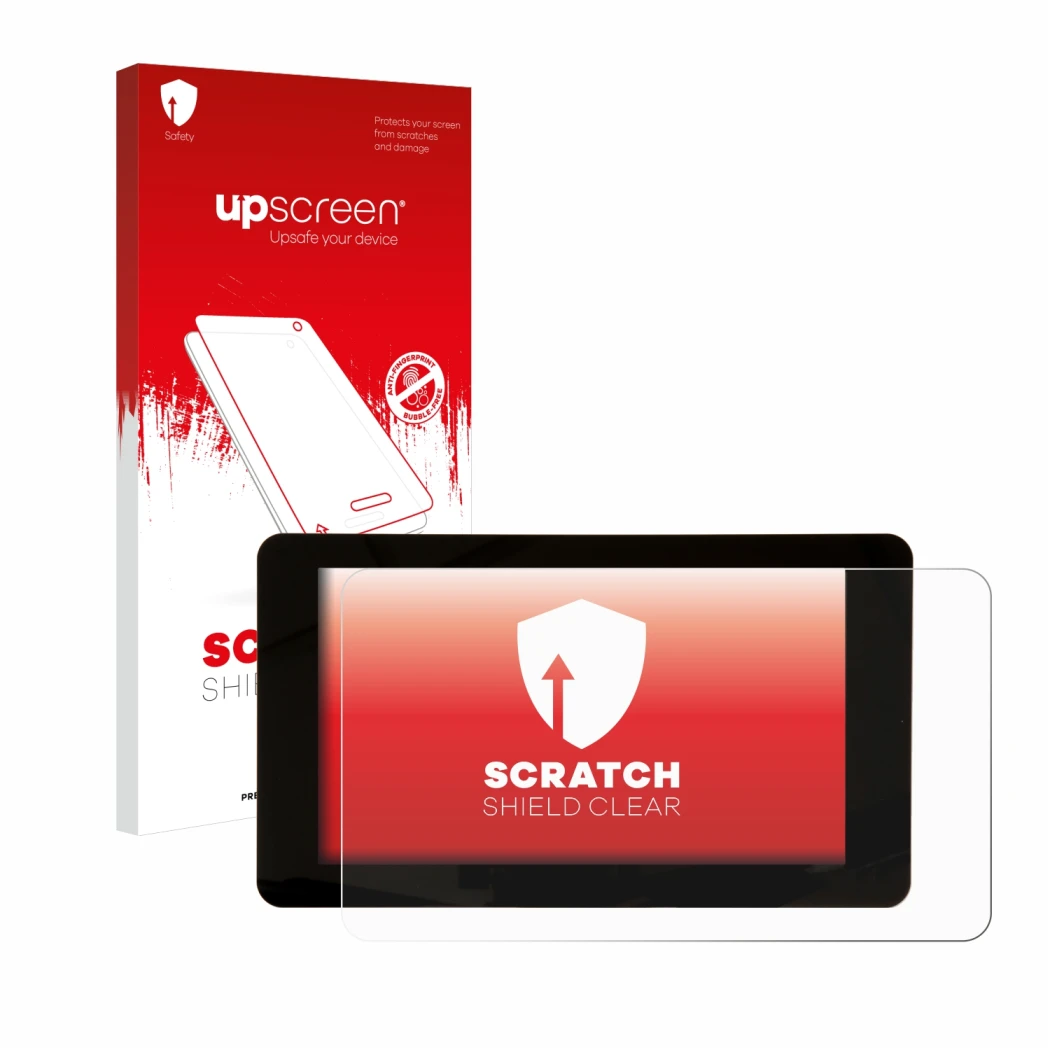 Vorderseite einer Produktverpackung mit dem Markenlogo upscreen. Daneben ist das Gerät Raspberry Pi Touchscreen 7
