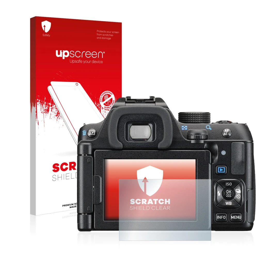 Vorderseite einer Produktverpackung mit dem Markenlogo upscreen. Daneben ist das Gerät Pentax K-70 mit dem zugehörigen Display