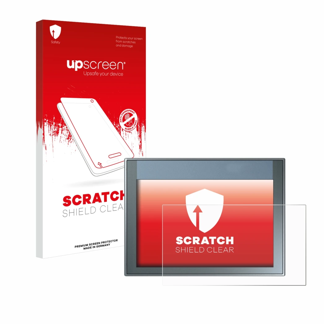 Vorderseite einer Produktverpackung mit dem Markenlogo upscreen. Daneben ist das Gerät Siemens Simatic HMI KTP 700 Basic mit d