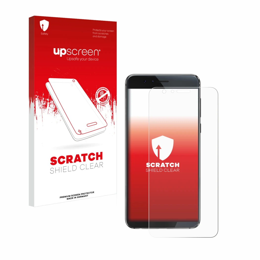 Vorderseite einer Produktverpackung mit dem Markenlogo upscreen. Daneben ist das Gerät Honor 8 mit dem zugehörigen Displayschu