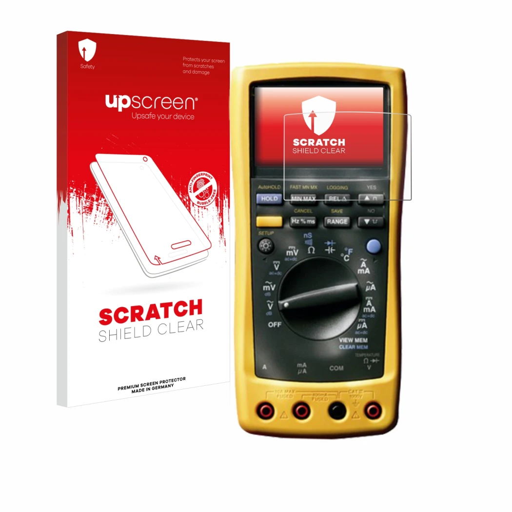 Vorderseite einer Produktverpackung mit dem Markenlogo upscreen. Daneben ist das Gerät Fluke MultiMeter 189 mit dem zugehörige