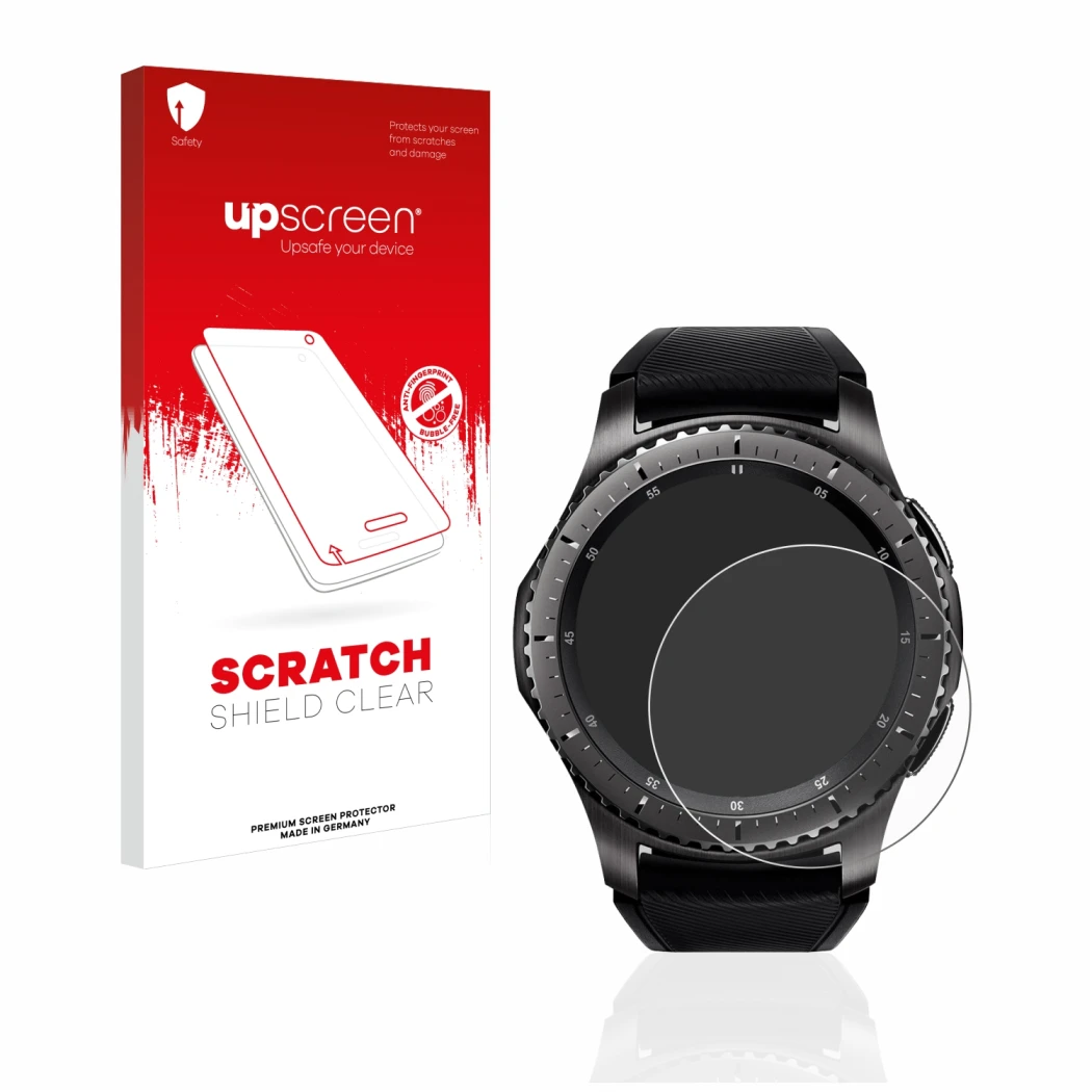 Vorderseite einer Produktverpackung mit dem Markenlogo upscreen. Daneben ist das Gerät Samsung Gear S3 Frontier mit dem zugehö