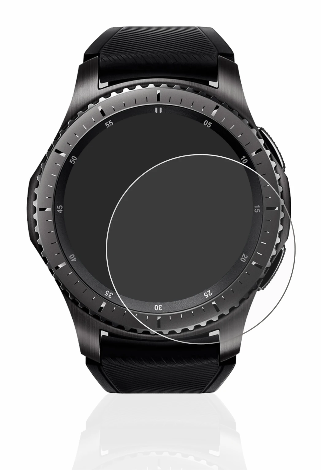 Abbildung des Geräts Samsung Gear S3 Frontier mit einer Vielzahl des Displayschutzes.