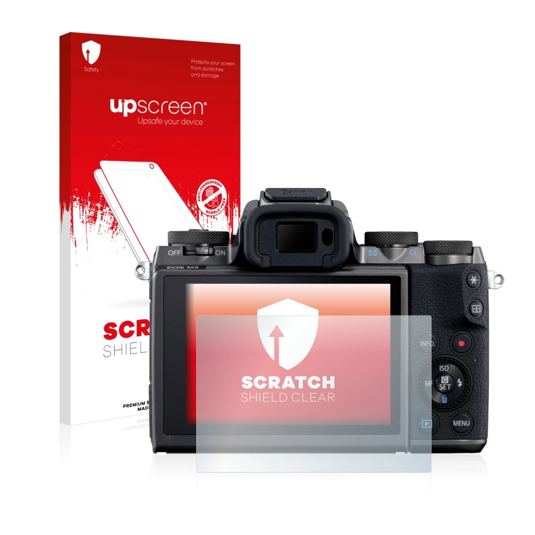 Vorderseite einer Produktverpackung mit dem Markenlogo upscreen. Daneben ist das Gerät Canon EOS M5 mit dem zugehörigen Displa