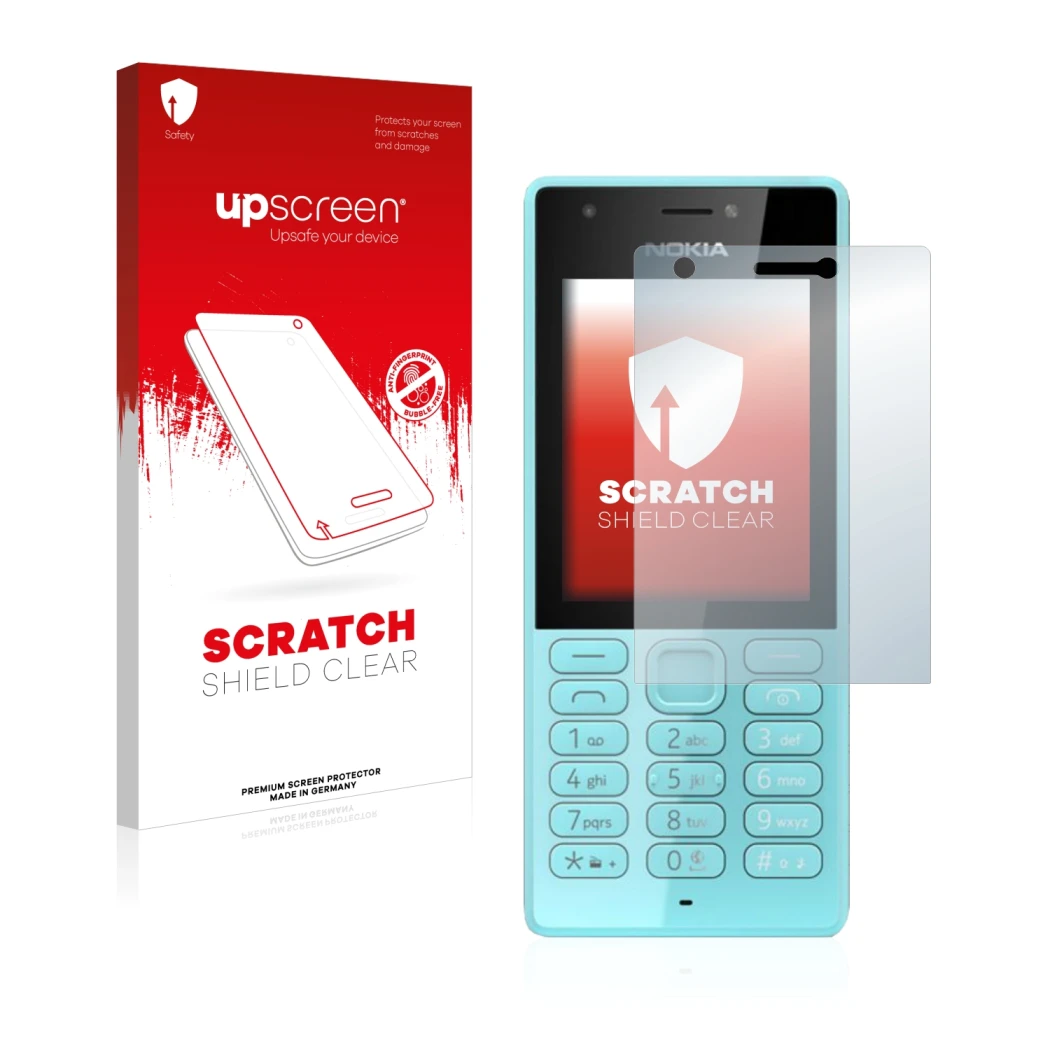 Vorderseite einer Produktverpackung mit dem Markenlogo upscreen. Daneben ist das Gerät Nokia 216 mit dem zugehörigen Displaysc