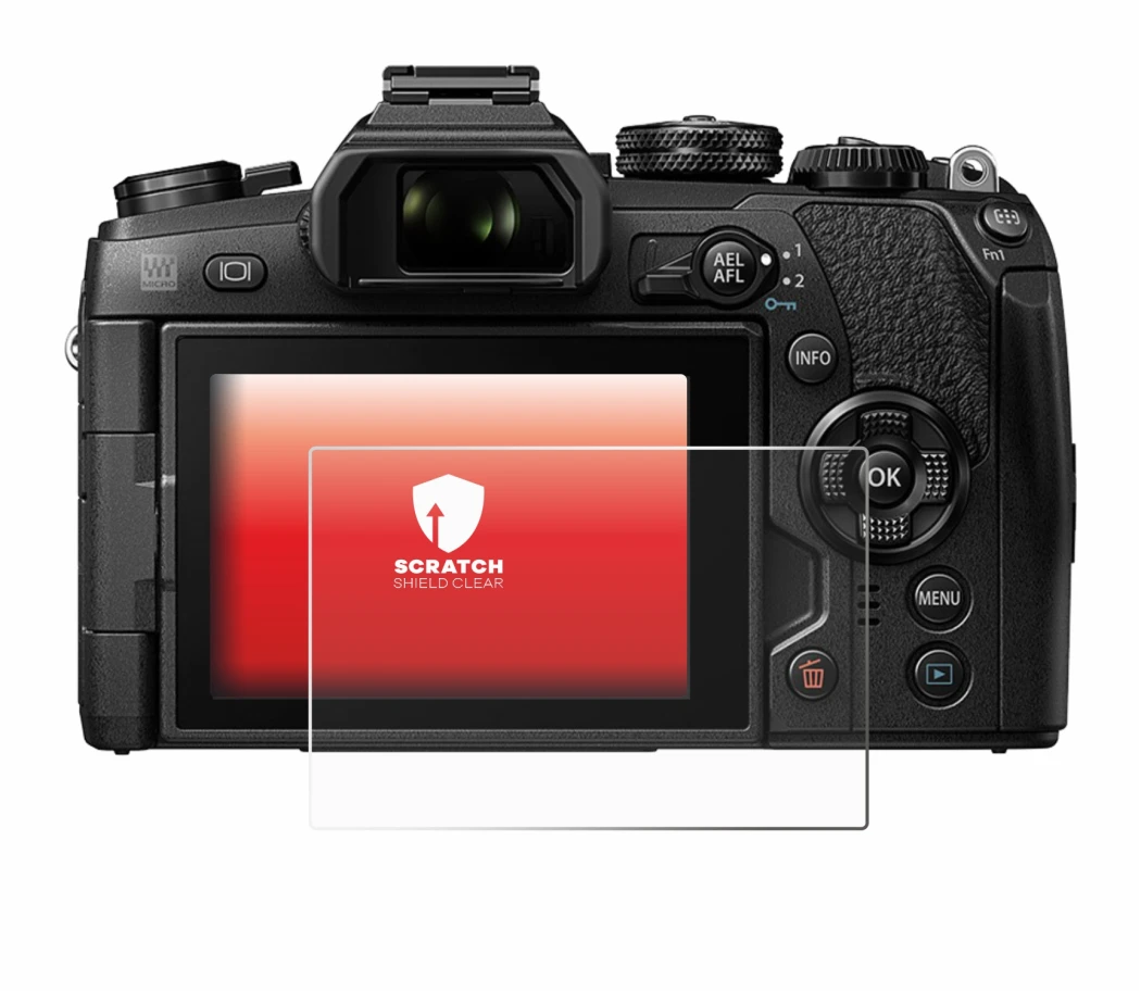 Abbildung des Geräts Olympus OM-D E-M1 Mark II mit einer Vielzahl des Displayschutzes.