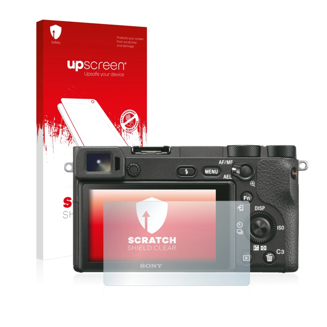 Vorderseite einer Produktverpackung mit dem Markenlogo upscreen. Daneben ist das Gerät Sony Alpha 6500 mit dem zugehörigen Dis