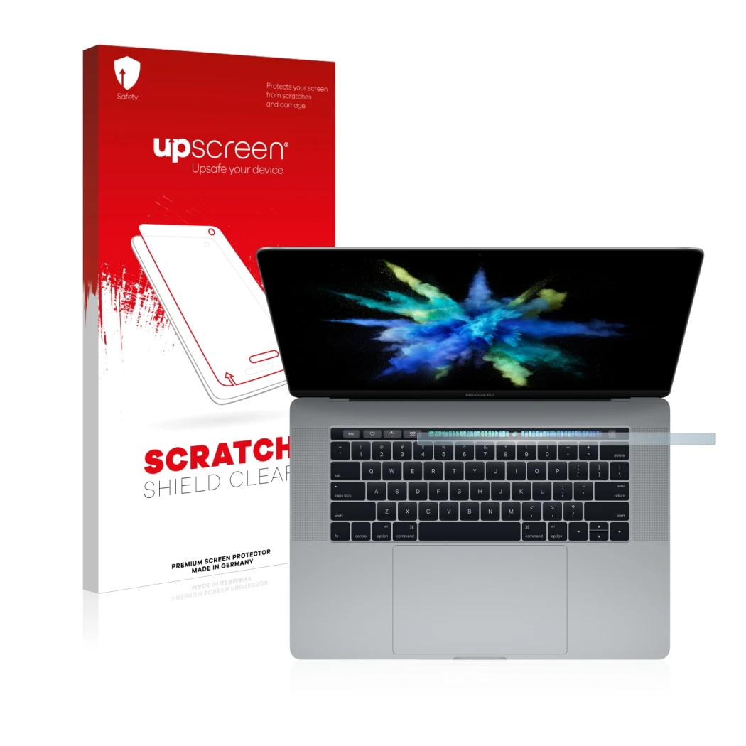 Vorderseite einer Produktverpackung mit dem Markenlogo upscreen. Daneben ist das Gerät Apple MacBook Pro 15