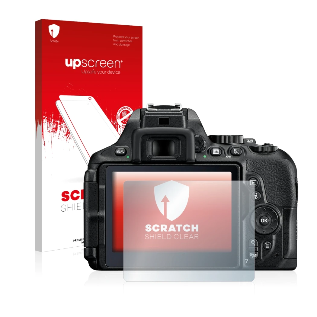 Vorderseite einer Produktverpackung mit dem Markenlogo upscreen. Daneben ist das Gerät Nikon D5600 mit dem zugehörigen Display