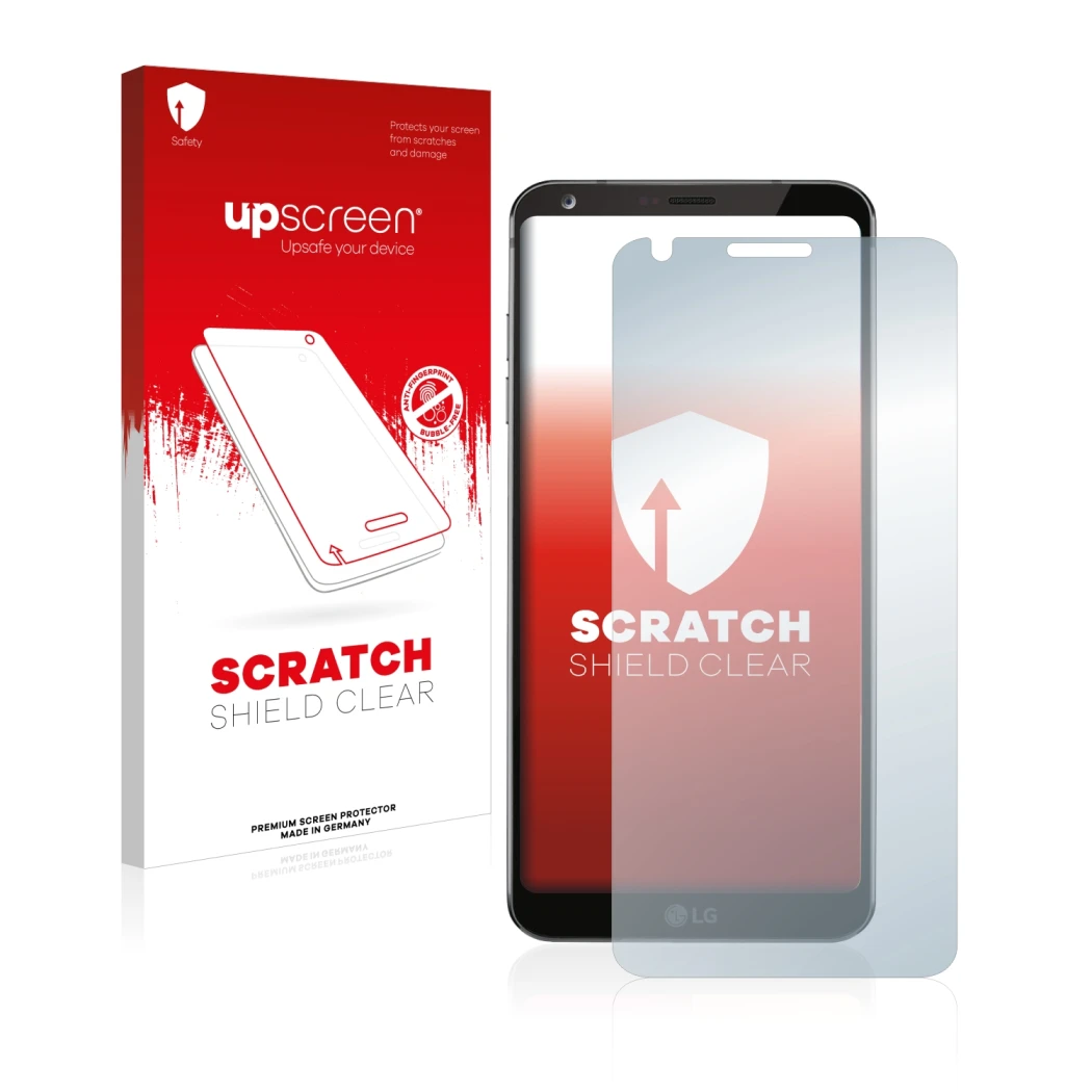 Vorderseite einer Produktverpackung mit dem Markenlogo upscreen. Daneben ist das Gerät LG G6 mit dem zugehörigen Displayschutz