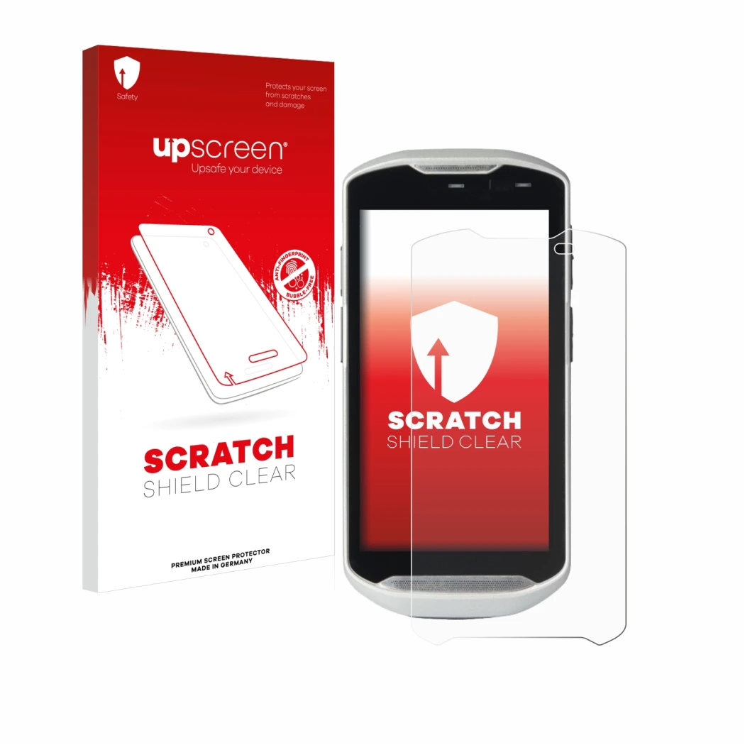 Vorderseite einer Produktverpackung mit dem Markenlogo upscreen. Daneben ist das Gerät Zebra TC51 mit dem zugehörigen Displays