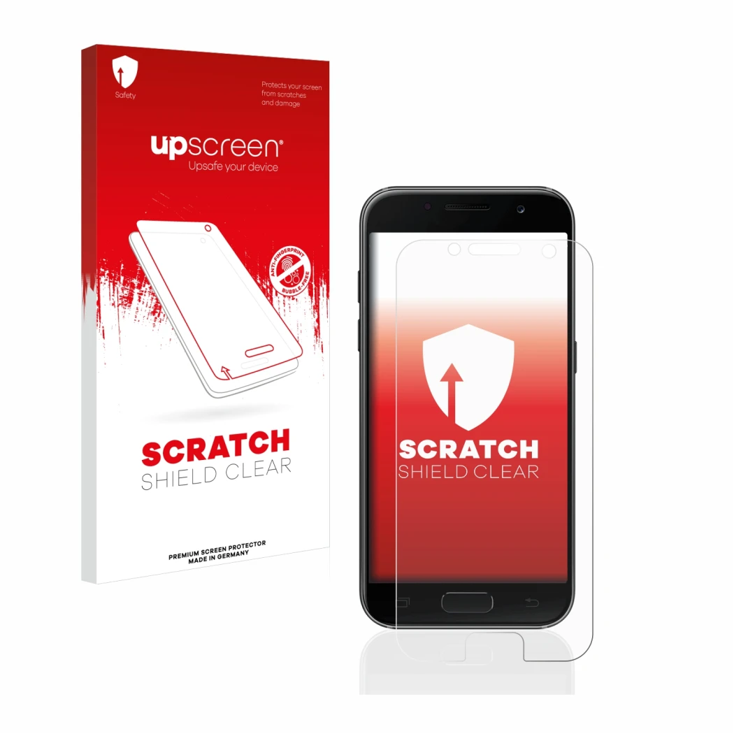Vorderseite einer Produktverpackung mit dem Markenlogo upscreen. Daneben ist das Gerät Samsung Galaxy A3 2017 mit dem zugehöri